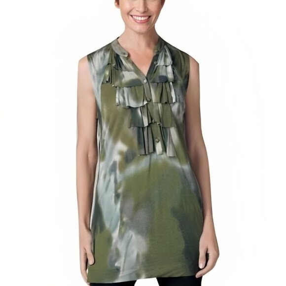 Cabi Haute Camo Tunic Top Button Front Ruffle Tiered Sleeveless Green Sz XS - Picture 1 of 10